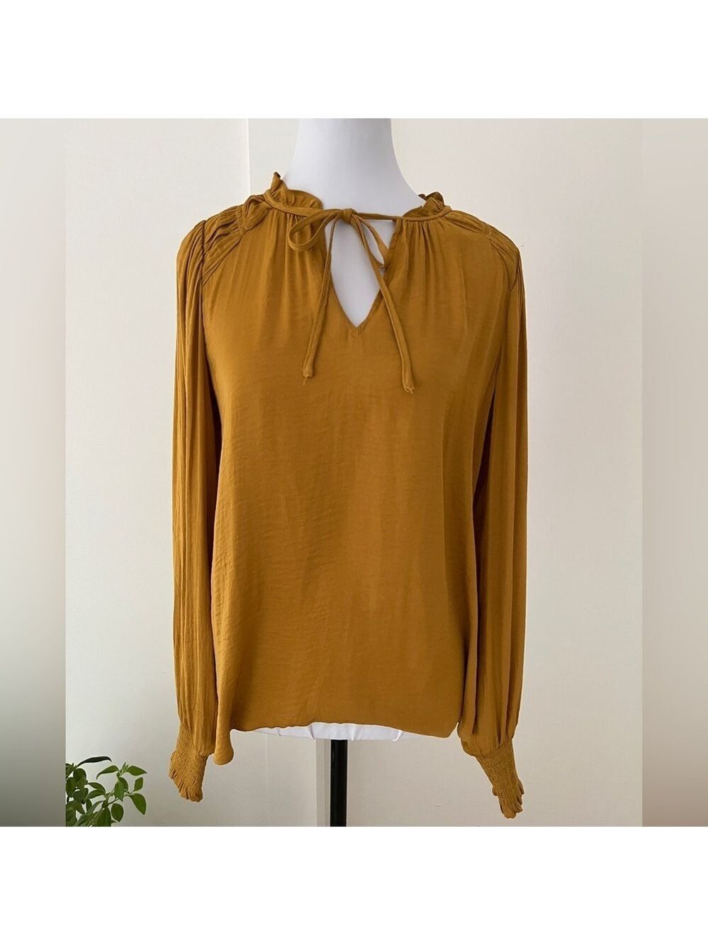 MAISON D'AMELIE Tie Neck Ruffle Smocked Cuff Long Sleeve Pullover Peasant Blouse